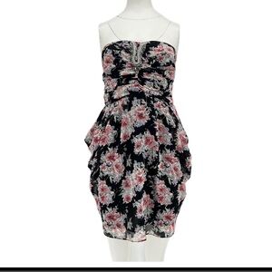 Sandro Black and Pink Floral Strapless Dress